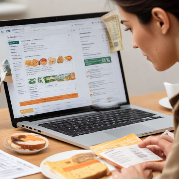 A translator reviewing multilingual food labels with a laptop and printed product packaging nearby.
