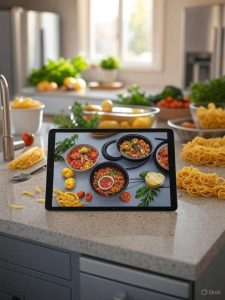 tablet showing curated lists of cooking tutorial